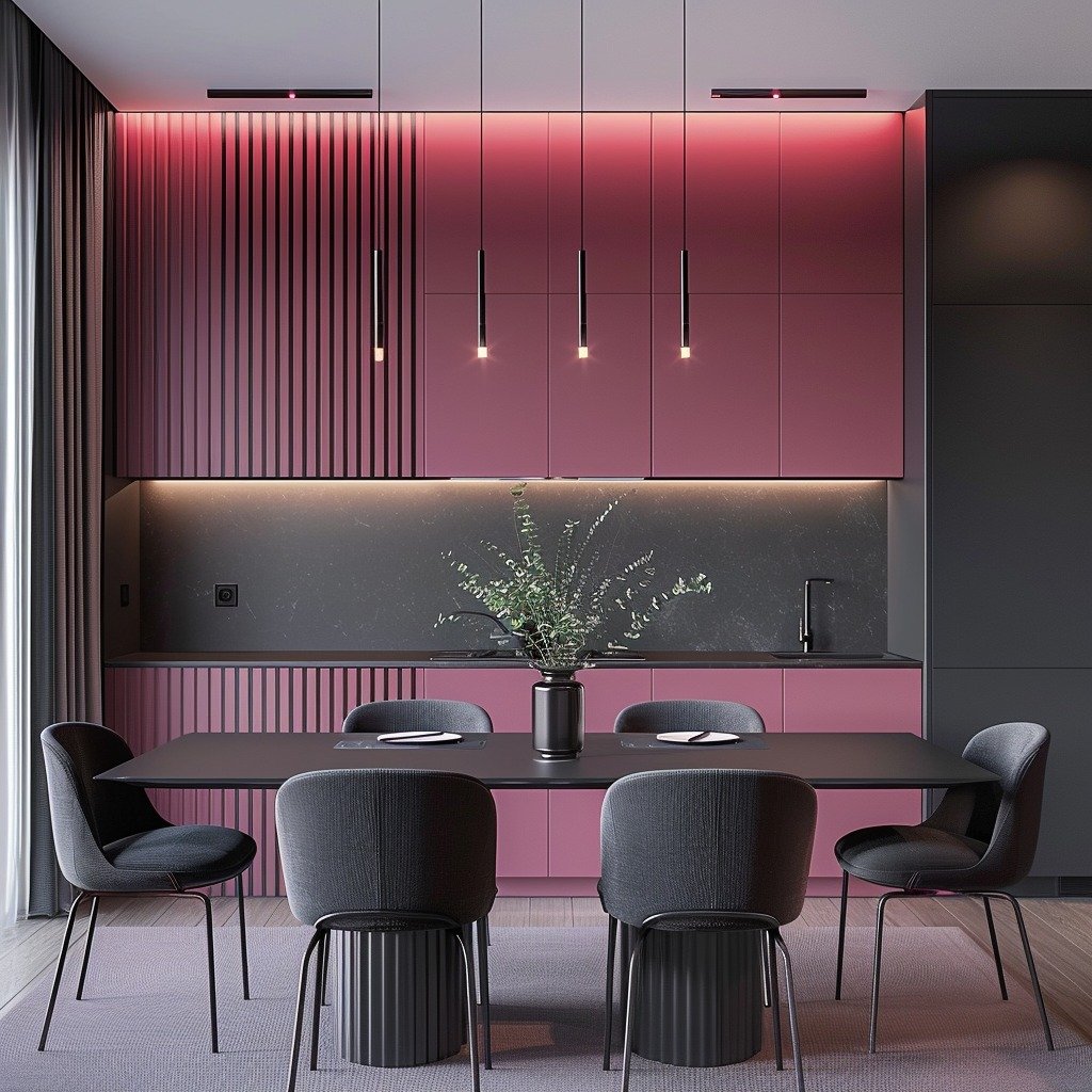 Interjero dizainas pasižymi nuoseklia spalvų schema, kurios centre yra giliai rožinė arba dulkėta rožinė spalva, kontrastuojanti su tamsiais elementais ir natūraliais medžio tonais.